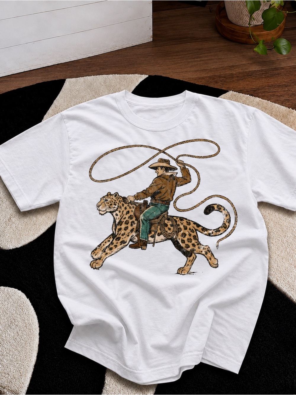 Cowboy Riding Leopard Shirt, Western Fantasy Graphic Tee - Unisex white